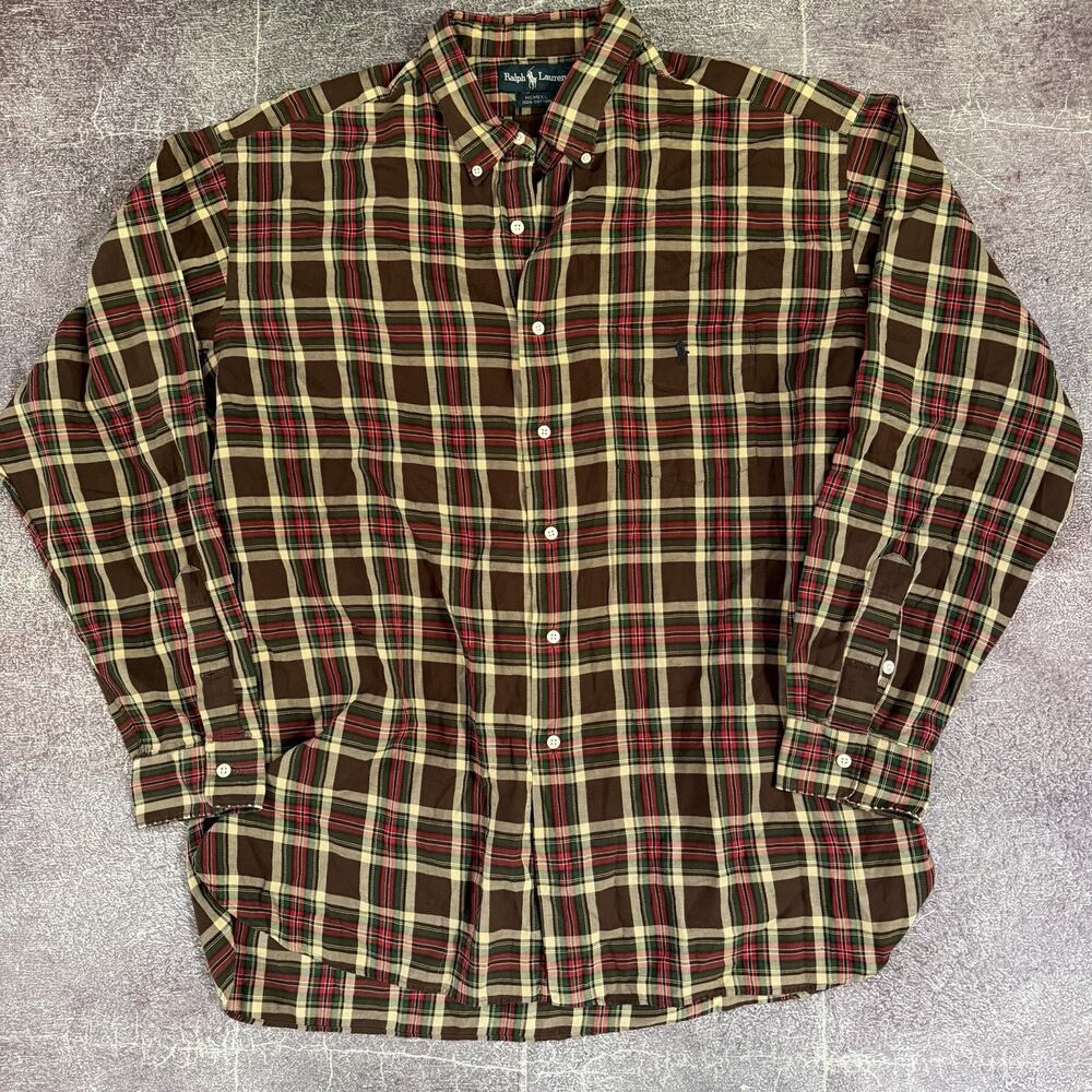 Men's Vintage 90's Ralph Lauren McMeel Brown Red Plaid Long Sleeve Shirt Sz XL